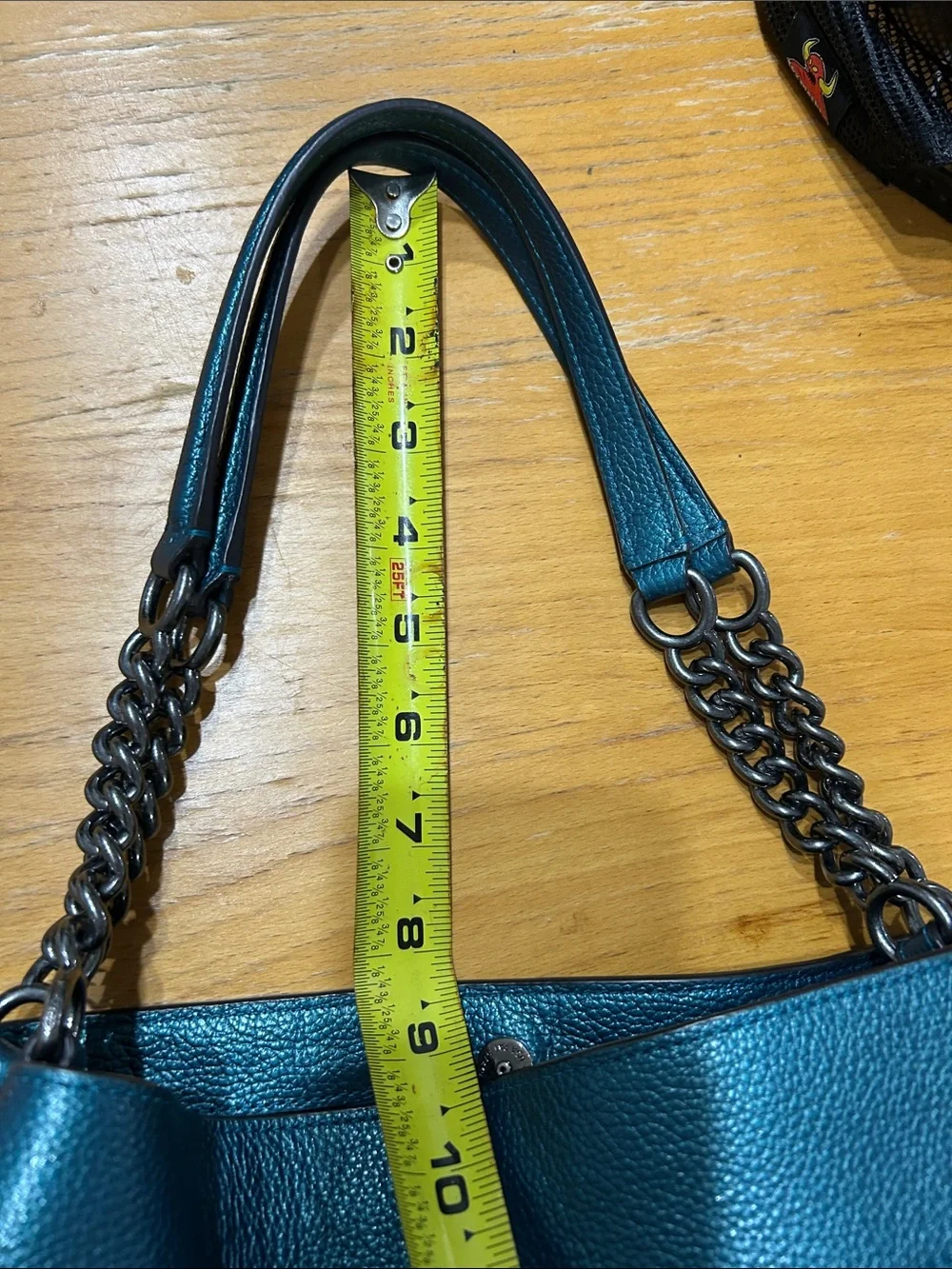 Coach Lexy Metallic Peacock Blue Teal Pebbled Leather Chain Shoulder Bag Purse